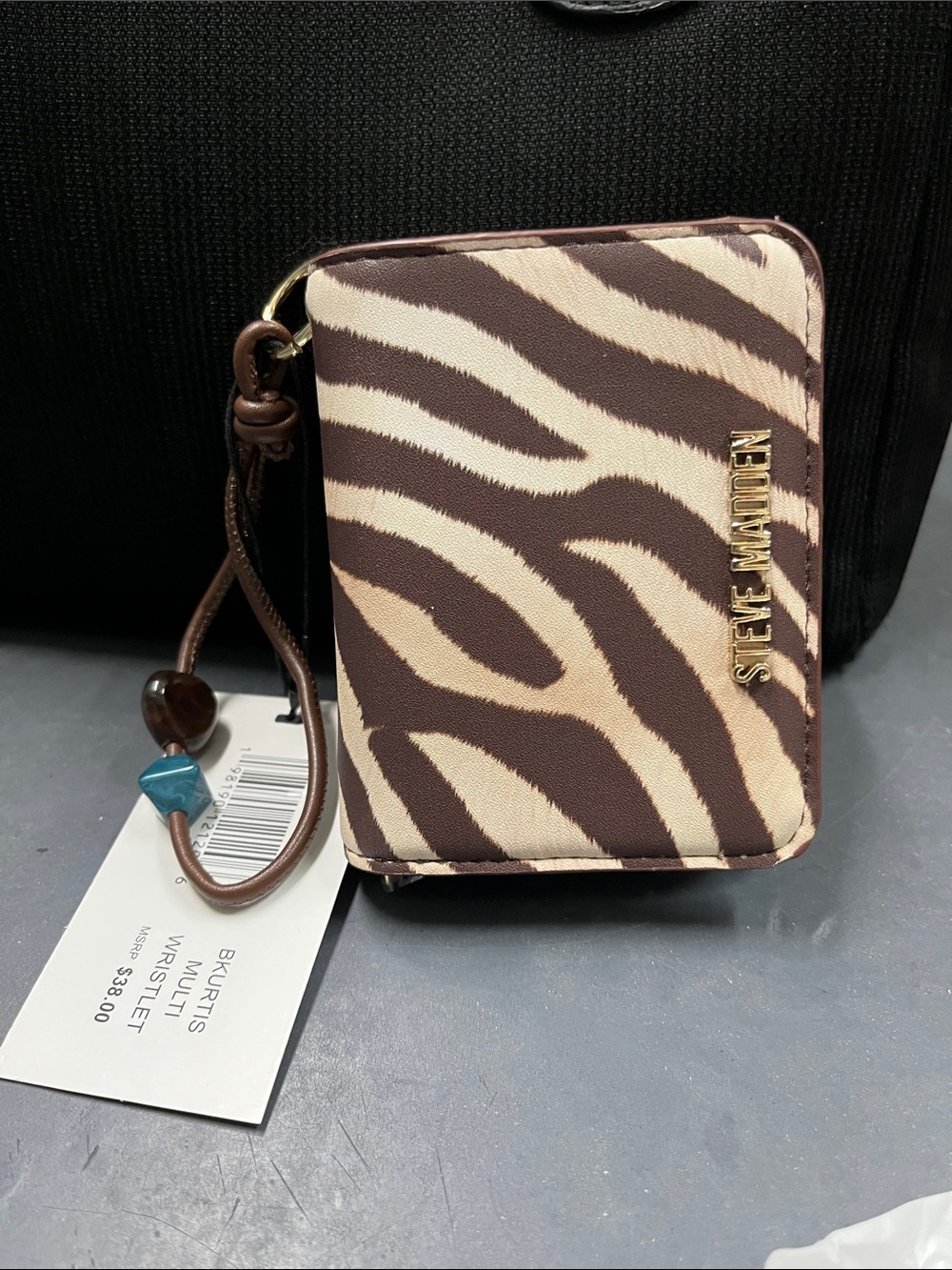 NWT Steve Madden Brown and Cream Zebra Wristlet Wallet with Beaded Strap